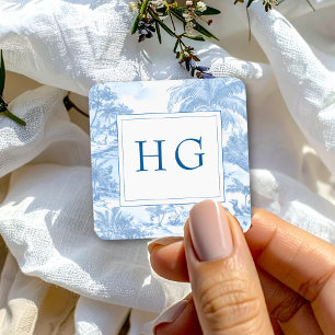 Blue Coastal Toile Wedding Monogram Square Sticker