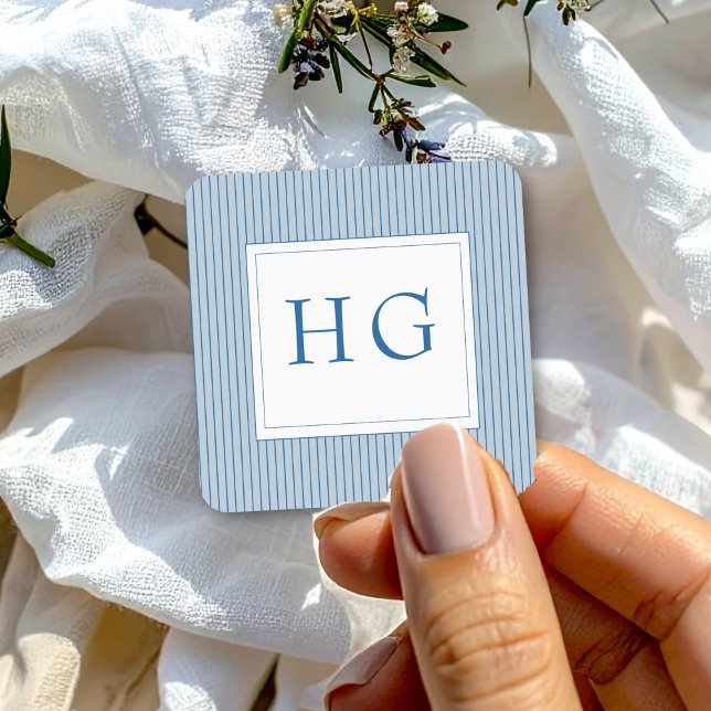 Blue Coastal Toile Wedding Monogram Square Sticker (Creator Uploaded)