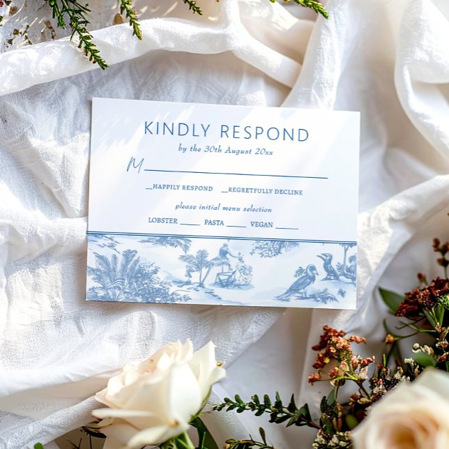 Blue Coastal Toile Wedding RSVP response card (Creator Uploaded)