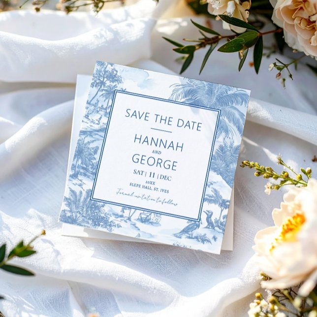 Blue Coastal Toile Wedding Save the Date card (Creator Uploaded)
