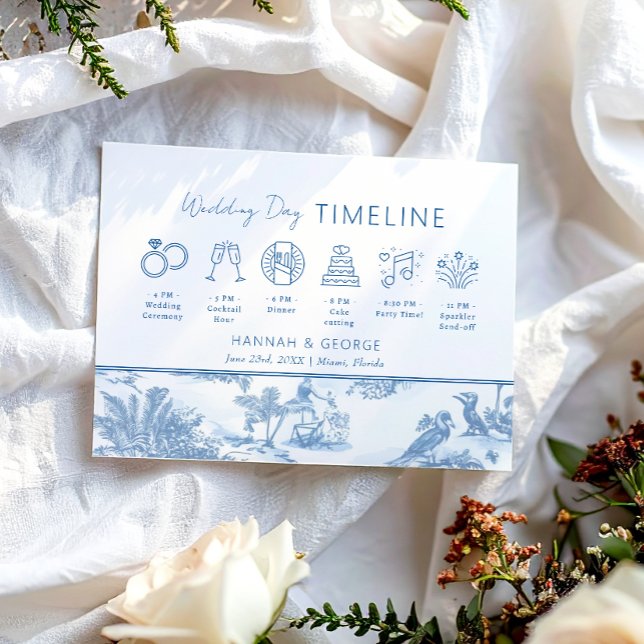 Blue Coastal Toile Wedding timeline Welcome card (Creator Uploaded)