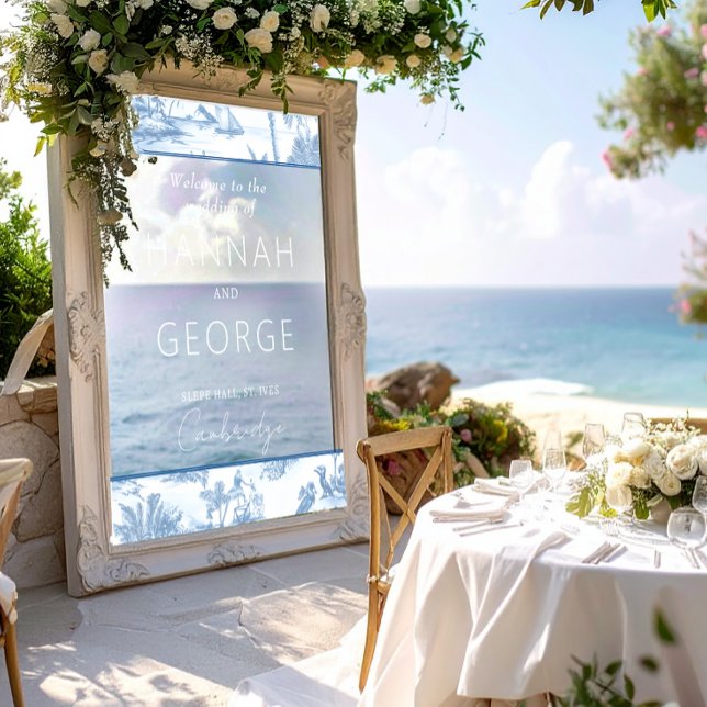 Blue Coastal Toile Wedding Welcome Sign Mirror (Creator Uploaded)