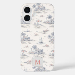 Blue Coastal Tropical French Toile Monogram iPhone 16 Case