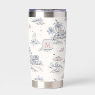Blue Coastal Tropical French Toile Monogram Insulated Tumbler