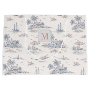 Blue Coastal Tropical French Toile Monogram Large Gift Bag