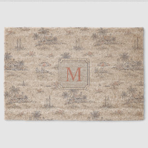 Blue Coastal Tropical French Toile Monogram Name Fiber Doormat