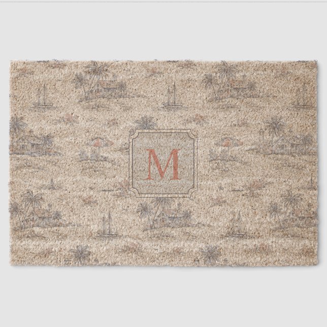 Blue Coastal Tropical French Toile Monogram Name Fiber Doormat (Front)