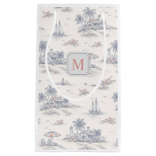 Blue Coastal Tropical French Toile Monogram Small Gift Bag