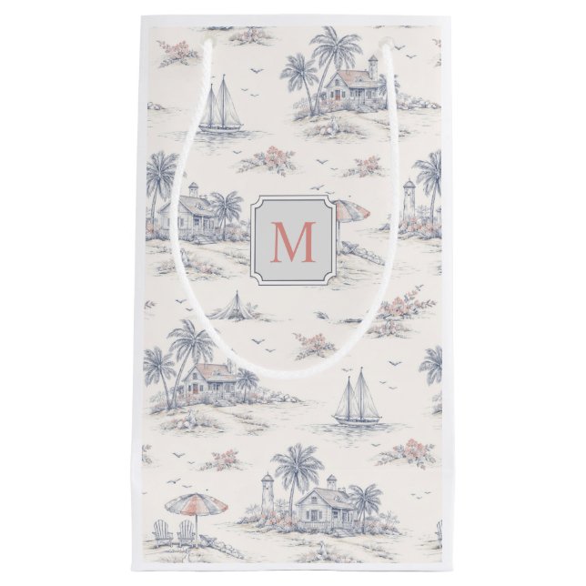 Blue Coastal Tropical French Toile Monogram Small Gift Bag (Front)