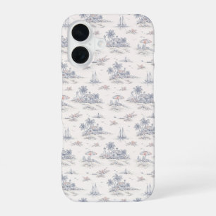 Blue Coastal Tropical French Toile Pattern iPhone 16 Case