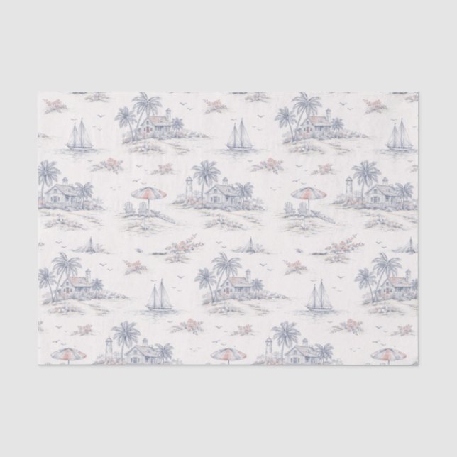 Blue Coastal Tropical French Toile Pattern Tissue Paper (Front)