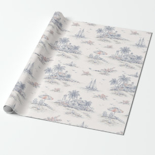 Blue Coastal Tropical French Toile Pattern Wrapping Paper