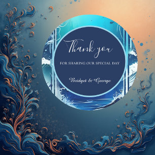 blue coastal vibe wedding classic round sticker