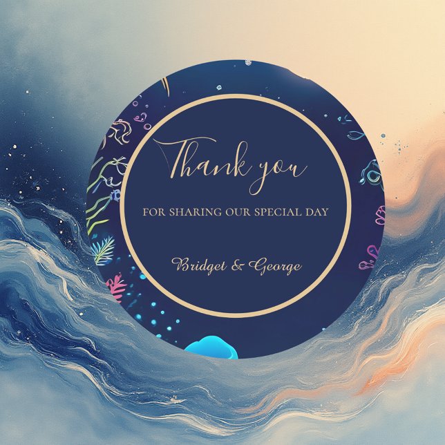 blue coastal vibe wedding classic round sticker (Creator Uploaded)