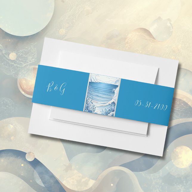 blue coastal vibe wedding invitation belly band (Creator Uploaded)