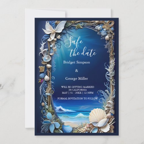 blue coastal vibe wedding safe the date Invitation