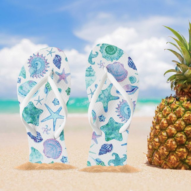 Blue Coastal Watercolor Sea shell and Starfish Flip Flops (Blue Coastal Watercolor Sea shell and Starfish Flip Flops)