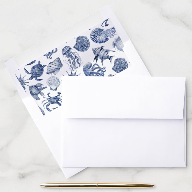Blue Coastal Wedding Envelope Liner (Desk)