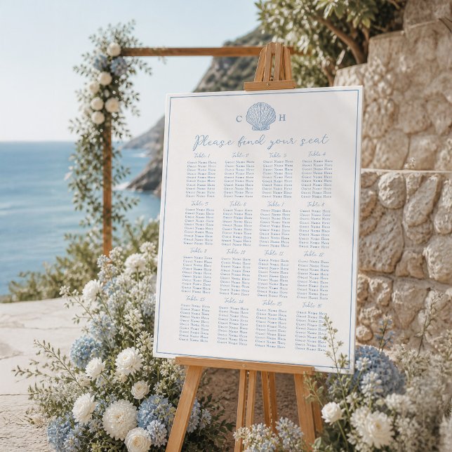 Blue Coastal Wedding Seating Chart for 16 Tables Foam Board (Creator Uploaded)