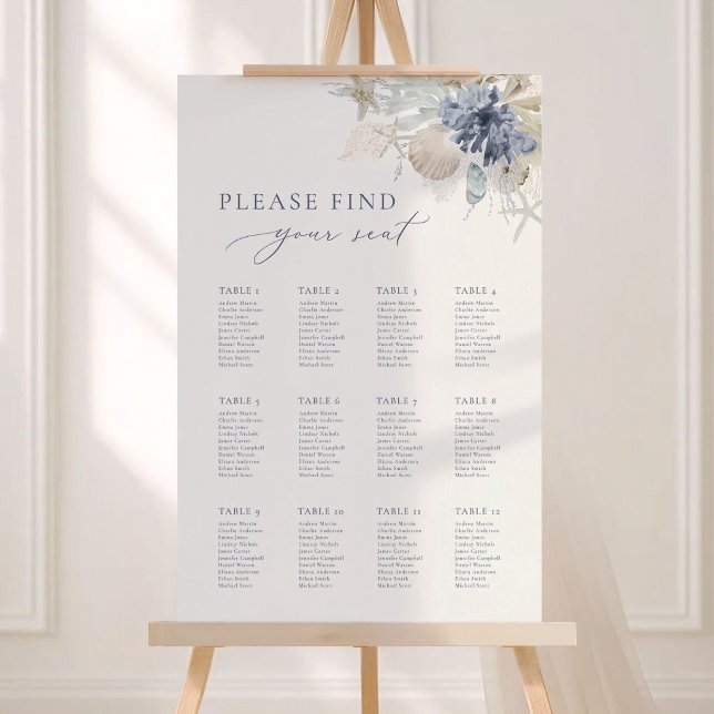 Blue Coastal Wedding Seating Chart Sign 24x36 (Blue coastal wedding seating chart sign 24x36 beach seashell decor)