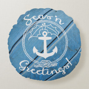 Blue Coastal Wood Seas 'n Greetings Round Pillow