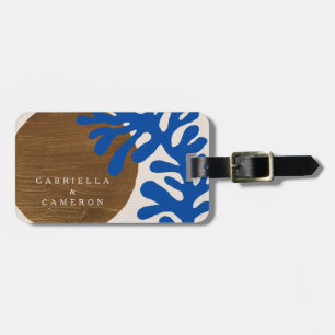 Blue Cobalt Abstract Leaf Custom Names Couples Luggage Tag
