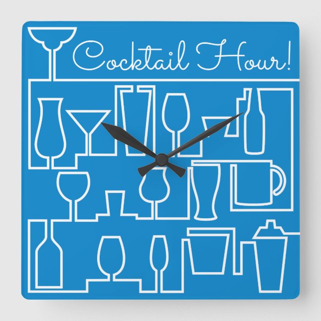Blue cocktail party square wall clock (Front)