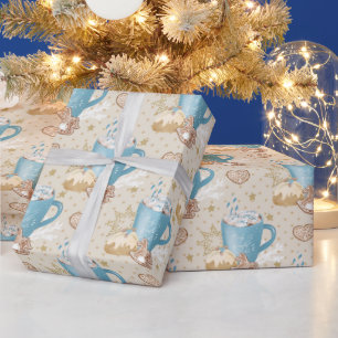 Blue Cocoa & Gingerbread Pattern on Beige Wrapping Paper