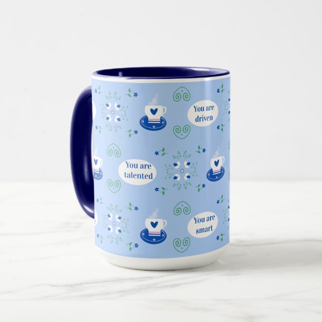 Blue Coffee-Cup Affirmations Mug  (Front Left)