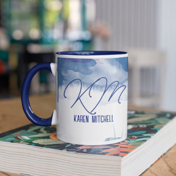 Blue Coffee Mug Monogrammed Watercolor Bluish by mixedworld at Zazzle