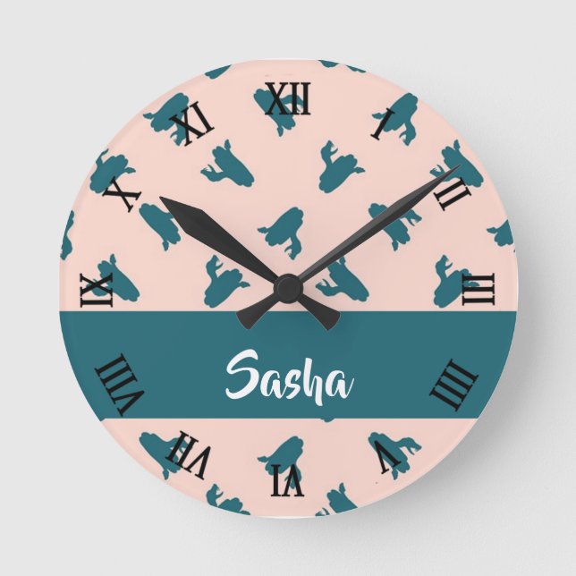 Blue coiled snakes on pink round clock (Front)