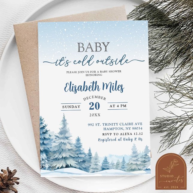 Blue Cold Winter Woodland Forest Baby Shower Invitation (Creator Uploaded)