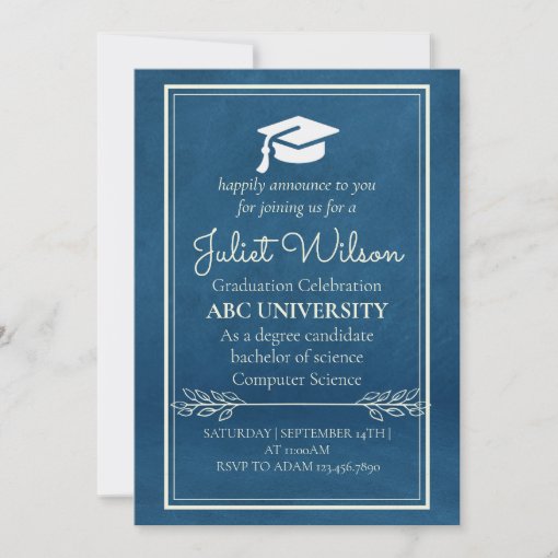 Blue college university graduation commencement invitation | Zazzle