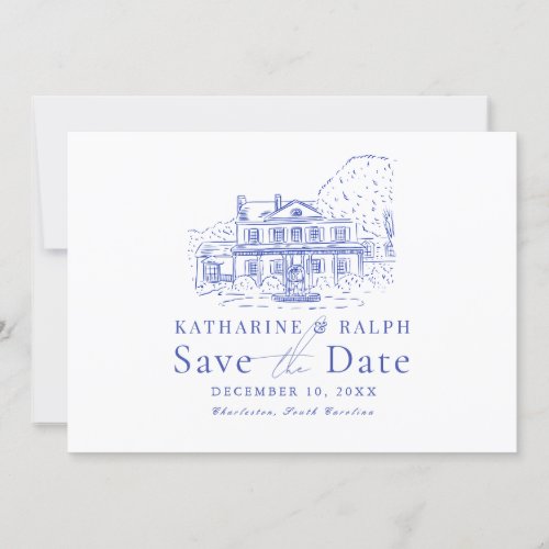 Blue Colonial HouseMansionManor Save the Date Invitation