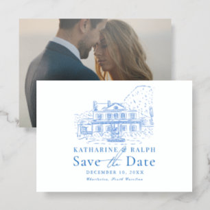 Blue Colonial House/Mansion/Manor Save the Date Letterpress Photo Cards