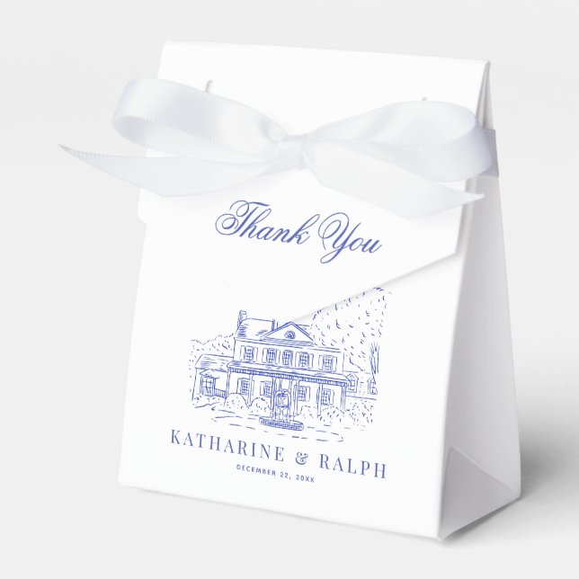 Blue Colonial House/Mansion/Manor Wedding Favor Boxes (Front Side)