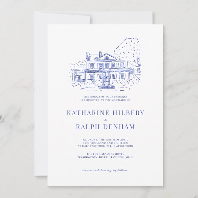 Blue Colonial House/Mansion/Manor Wedding Invitation (Front)