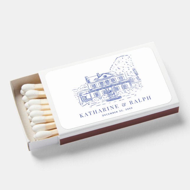 Blue Colonial House/Mansion/Manor Wedding Matchboxes (Front Open)