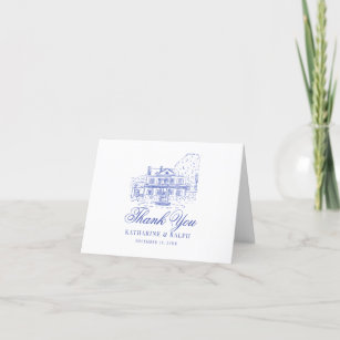 Blue Colonial House/Mansion/Manor Wedding Thank You Card