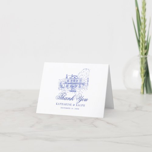 Blue Colonial HouseMansionManor Wedding Thank You Card
