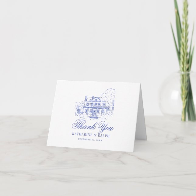 Blue Colonial House/Mansion/Manor Wedding Thank You Card (Front)