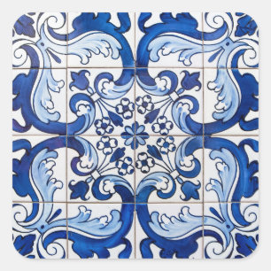 Blue Color Antique Azulejo Tile Mosaic Square Sticker