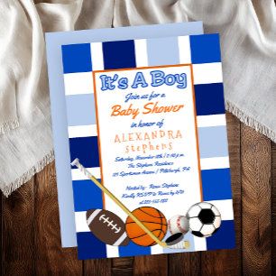 Blue Color Block Sports It's a Boy Baby Shower Invitation