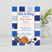 Blue Color Block Sports It's a Boy Baby Shower Invitation (Standing Front)