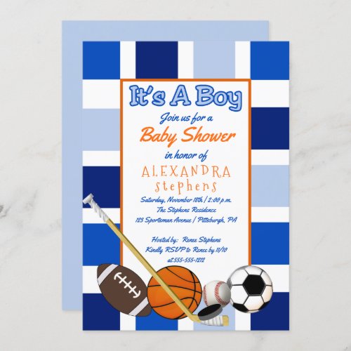 Blue Color Block Sports Its a Boy Baby Shower Invitation