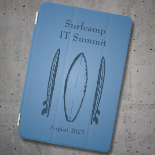 Blue Color Gradient Surf Camp, Surfboards and Text iPad Mini Cover