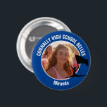 Blue Color Guard Photo High School Dancer Button<br><div class="desc">This cool customized high school color guard photo gift features white typography of your team and dancer name on a blue button with a silhouette of a girl leaping and flag spinning. Personalize with your student's photograph and class year as a proud parent. A mom and dad can wear these...</div>