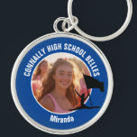 Blue Color Guard Photo High School Dancer Keychain<br><div class="desc">This cool customized high school color guard photo gift features white typography of your team and dancer name on a blue keychain with a silhouette of a girl leaping and flag spinning. Personalize with your student's photograph and class year as a proud parent.</div>