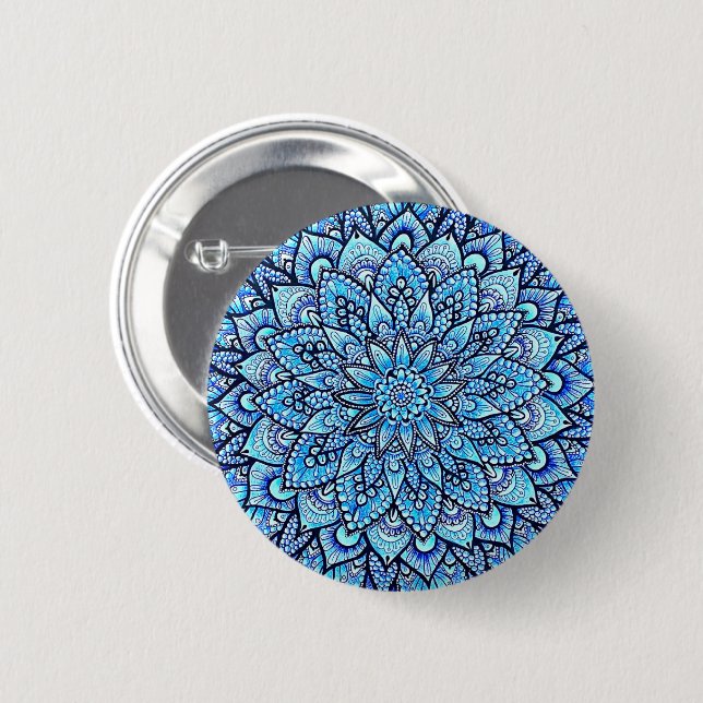 Blue Color Hand Drawn Mandala Design Pin Button (Front & Back)