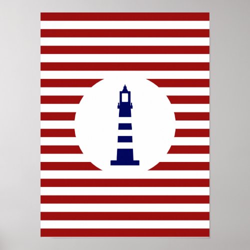 Blue Color Lighthouse on Red Color Stripes Poster